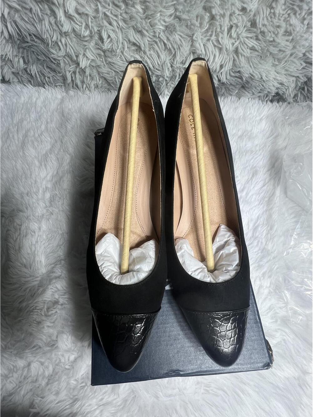 Cole Haan Black Low Block Heel Pumps with Croc-Embossed Toe - Picture 2 of 9